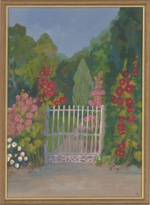 Susan Heaton - Contemporary Acrylic, Hollyhocks and a Garden Gate