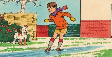 20th Century Gouache - Playing in the Snow