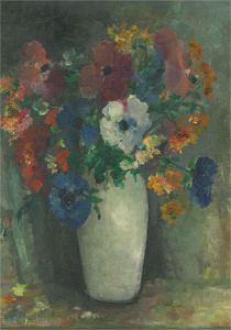 20th Century Oil - Flowers in Pale Green Vase