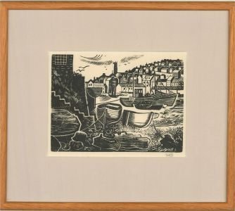Marcus Deans - Mid 20th Century Woodcut, Low Tide At The Harbour