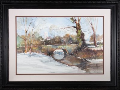 D.H. - Contemporary Watercolour, Town View with Arch Bridge