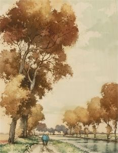 Signed Mid 20th Century Aquatint - Walk Along the River