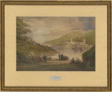 Attrib. J.C. Scherbey - 1844 Watercolour, Castle on the Lake
