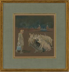 Naive Early 19th Century Gouache - Feeding the Pigs