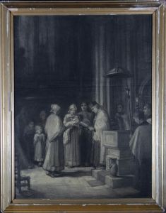 Mid 19th Century Charcoal Drawing - Christening