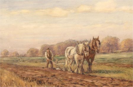Early 20th Century Watercolour - Ploughing the Fields