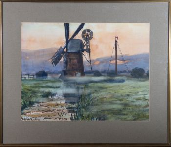 W. Back - 1907 Watercolour, Mist And Sunset At The Windmill
