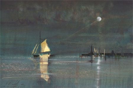 20th Century Watercolour - Sailing at Moonlight