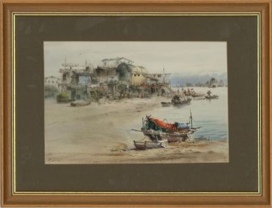 R. Leung - 20th Century Watercolour, Town Scene with Boats and Figures