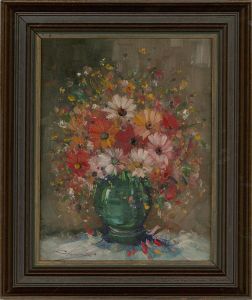 Contemporary Oil - Vibrant Flower in Green Vase