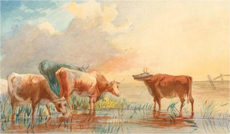 Early 20th Century Watercolour - Cattle at the River