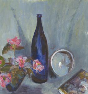 Jennifer Anderson - 20th Century Oil, Blue Bottle and Pink Flowers
