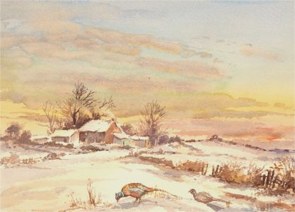 Stanley Desborough - 1968 Watercolour, Pheasants in the Snow