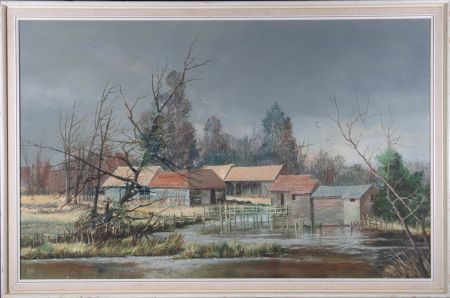 Dunn - Contemporary Oil, Swollen River By The Farm