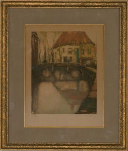 V. J - Early 20th Century Etching, Provincial French Town