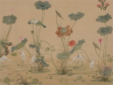 20th Century Watercolour - Herons And Lotus Flowers