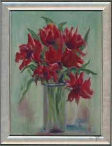 H. McC. - Contemporary Oil, Red Flowers in Tall Vase