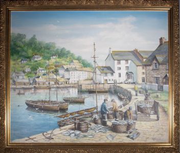 M.M. Sullivan - Large Contemporary Oil, Fishermen at the Harbour