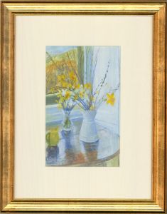 Ruth Williams - Contemporary Gouache, Window View with Yellow Flowers