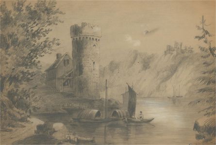 19th Century Graphite Drawing - Lakeside Tower