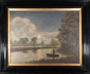John W. Pharez - 1920 Oil, Moonlit River Scene