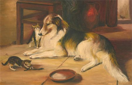 Mid 20th Century Oil - Rough Collie and Kittens