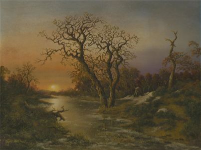 Taos Williams - Early 20th Century Oil, Sun Down Over The Frozen Creek
