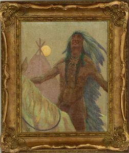 C. H. - Mid 20th Century Oil, Native American Chieftain