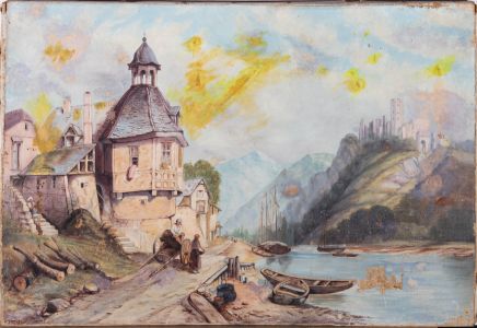 For Restoration Early 20th Century Oil - Mountainous Town with Figures
