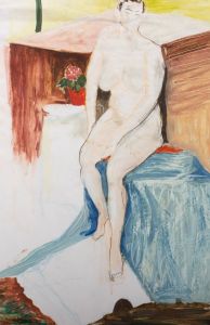 20th Century Oil - Female Nude With Blue Drape And Potted Plant