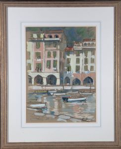 Mid 20th Century Gouache - Continental Harbour Scene