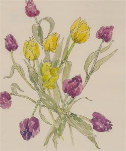 Jill Dickin - 1998 Watercolour, Purple and Yellow Flowers