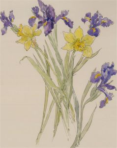 Jill Dickin - 1998 Watercolour, Daffodils and Purple Flowers
