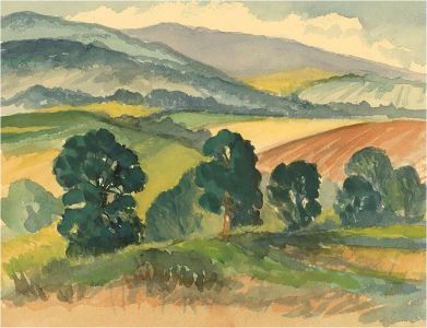 Louis Valentine - Mid 20th Century Watercolour, Rural View with Trees