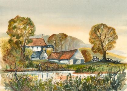 Louis Valentine - Mid 20th Century Watercolour, River View with Farm