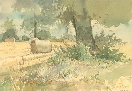 Keith Johnson (1931-2018) - 2017 Watercolour, View with Bales of Hay