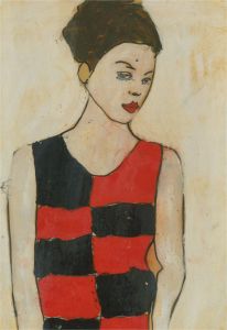 Ben Carrivick - Contemporary Oil, Figure in Black and Red Checked Dress