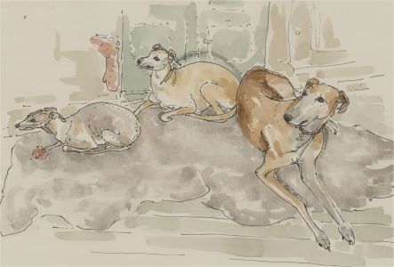Jill Dickin - 2001 Watercolour, Three Greyhounds