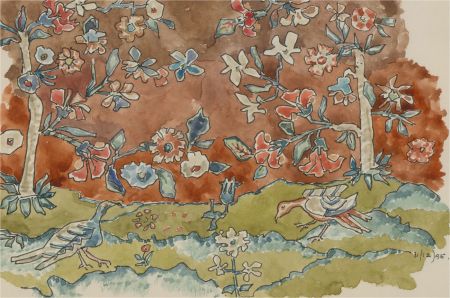 Jill Dickin - 1995 Watercolour, Floral Landscape with Birds