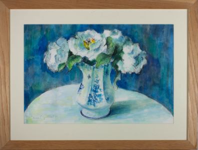 Fiona C. Goldbacher - 20th Century Watercolour, White Flowers On Blue