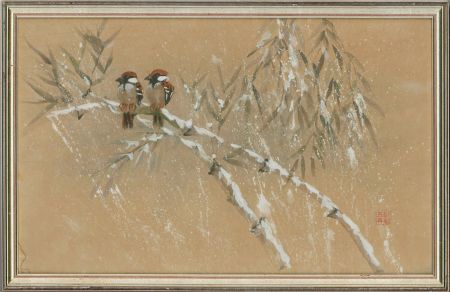 Mid 20th Century Watercolour - Sparrows in the Snow