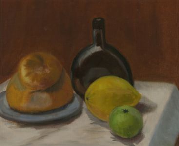 20th Century Oil - Still Life with Bottle, Fruit and Bread