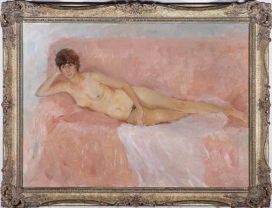 E. I. - Mid 20th Century Oil, Female Nude In Pink