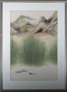 Chinese 20th Century Watercolour - Cranes in the Mountains