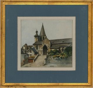 John Smith - 1989 Watercolour, The Church of Saint Fleuret, Estaing, France