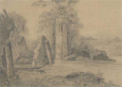 19th Century Graphite Drawing - Flooded Ruins