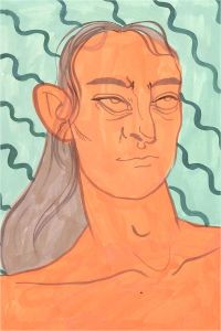 Isabelle Mulvany - 2021 Gouache, Orange Woman On Green Squiggles
