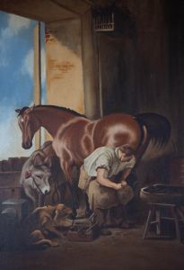 S. Wood - Contemporary Oil, Farrier at Work in a Stable