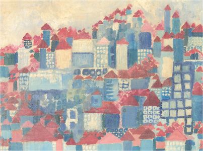 Mid 20th Century Oil - Rooftops In Red And Blue
