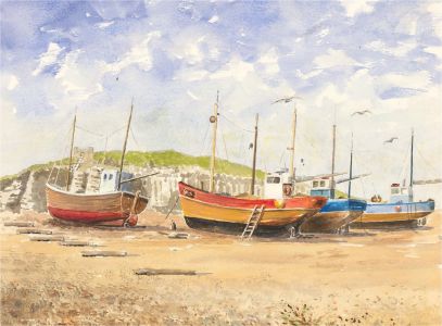 J.A. Pusey - Double-Sided 1994 Watercolour, Fishing Boats and a Farrier